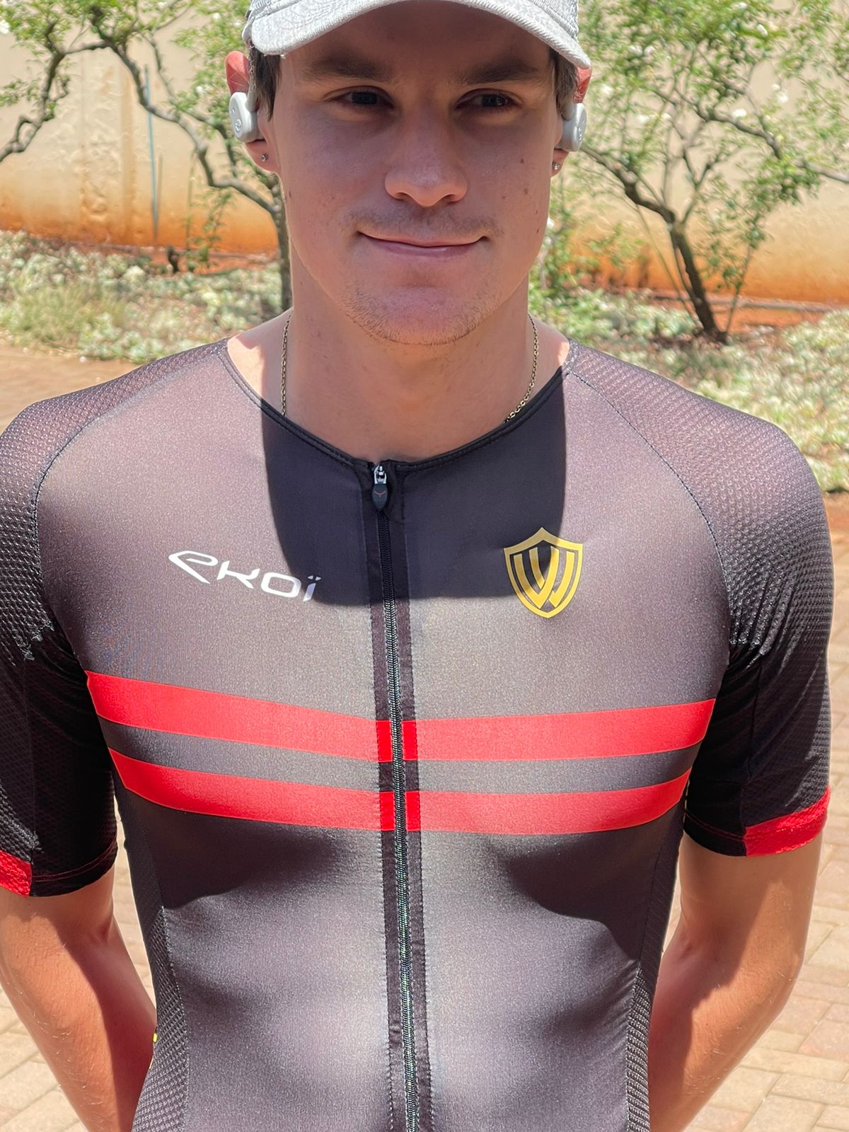 Matthew Greer exudes anticipation, geared up in his Winspace Tri Suit, ready to tackle the 1.9km swim at Ironman 70.3 Mosselbay.